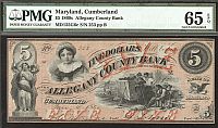 Cumberland, MD, MD155G6c, Allegany County Bank, 1860s $5, GemCU, PMG65-EPQ